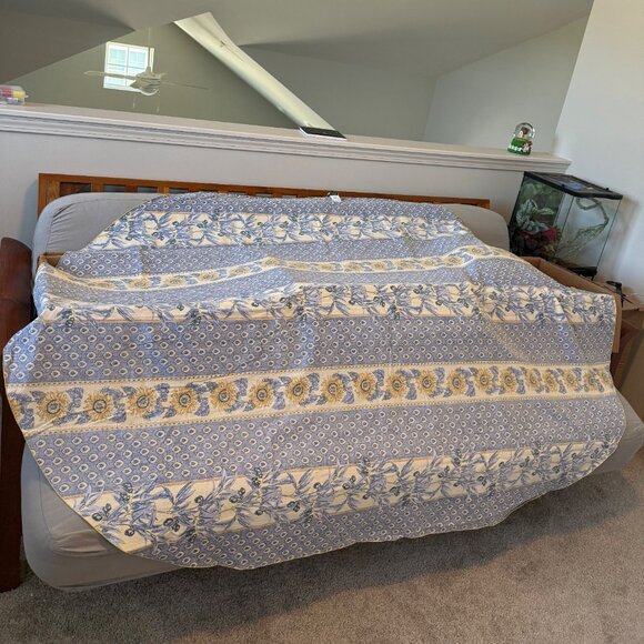 Vtg Vent Du Sud Tablecloth Sunflower & Olive Pattern Blue Yellow 77"x55" France - Picture 2 of 7